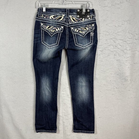 Miss Me Jeans Sz 27 Rhinestone Sequin Signature Crop Leg Blue Embroidered Bling - Picture 2 of 12